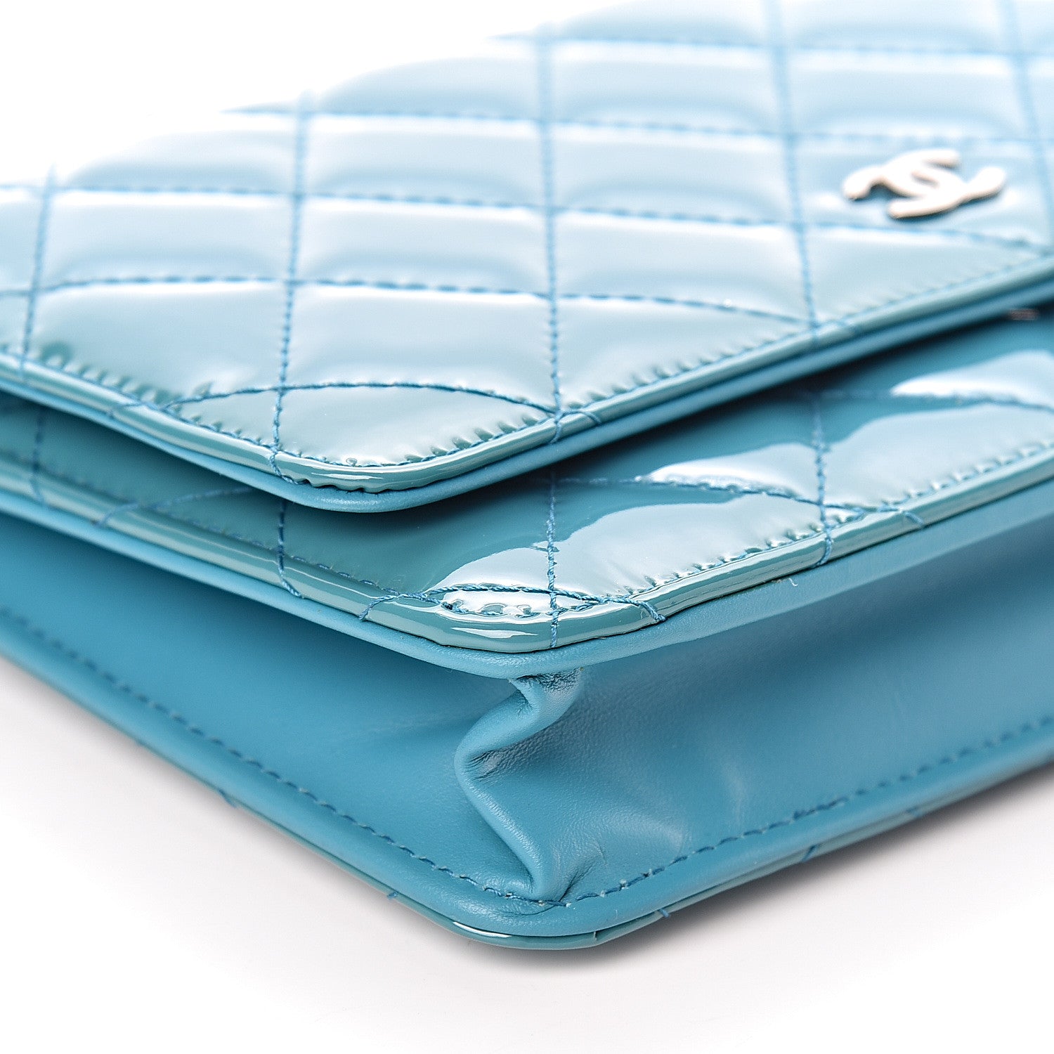 Chanel Patent Quilted Wallet On Chain WOC Turquoise Blue 9 of 11