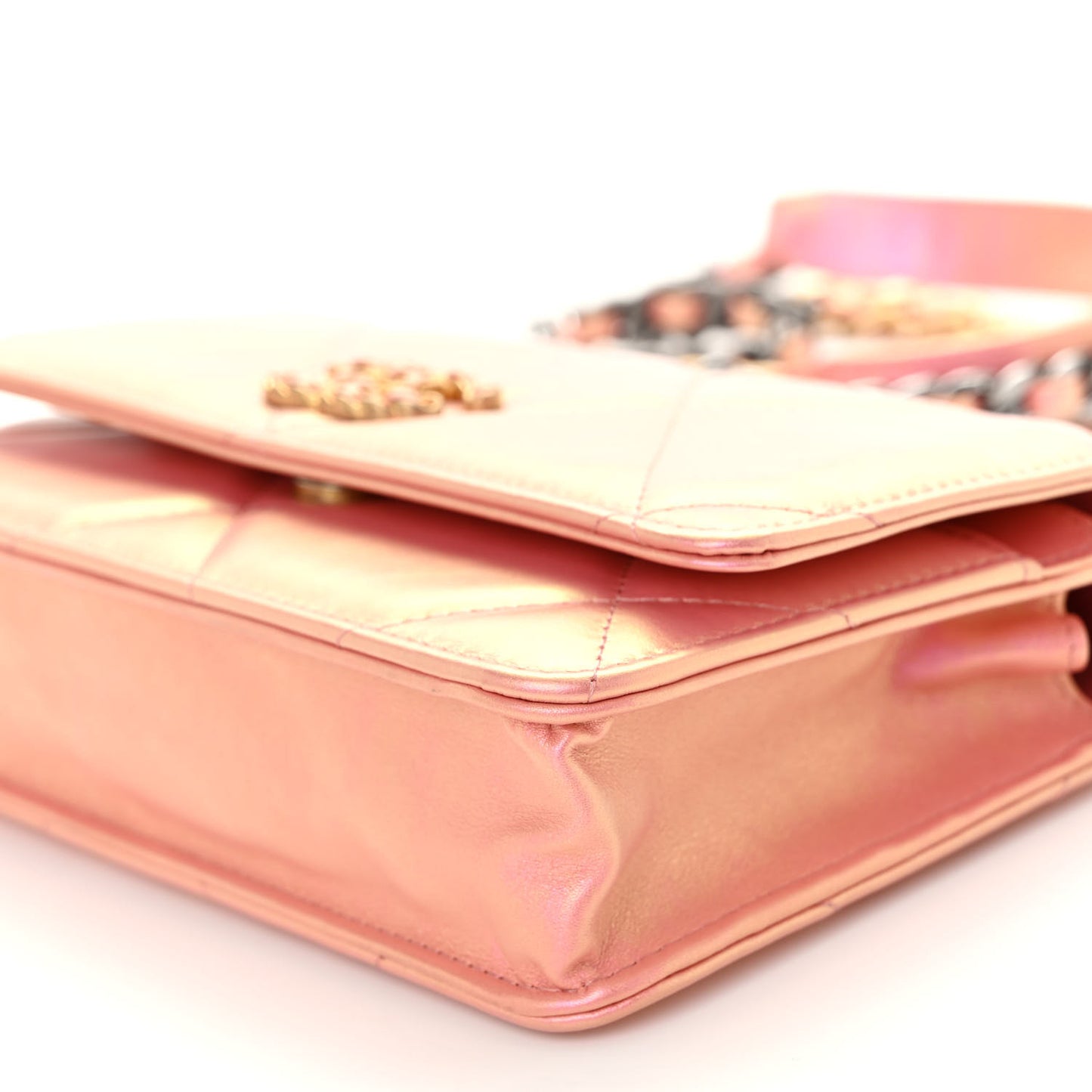 Iridescent Calfskin Quilted Chanel 19 Wallet On Chain WOC Pink