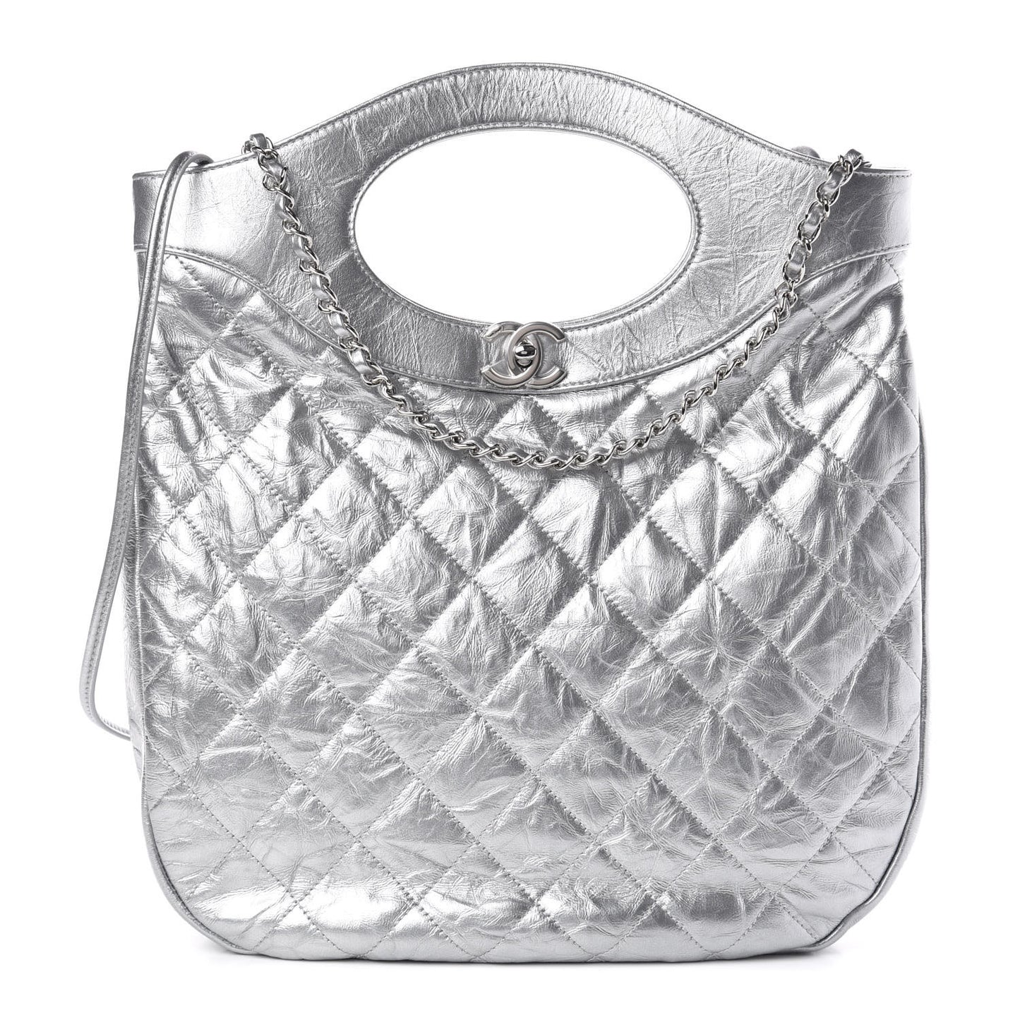 Metallic Crumpled Calfskin Small 31 Shopping Bag Silver