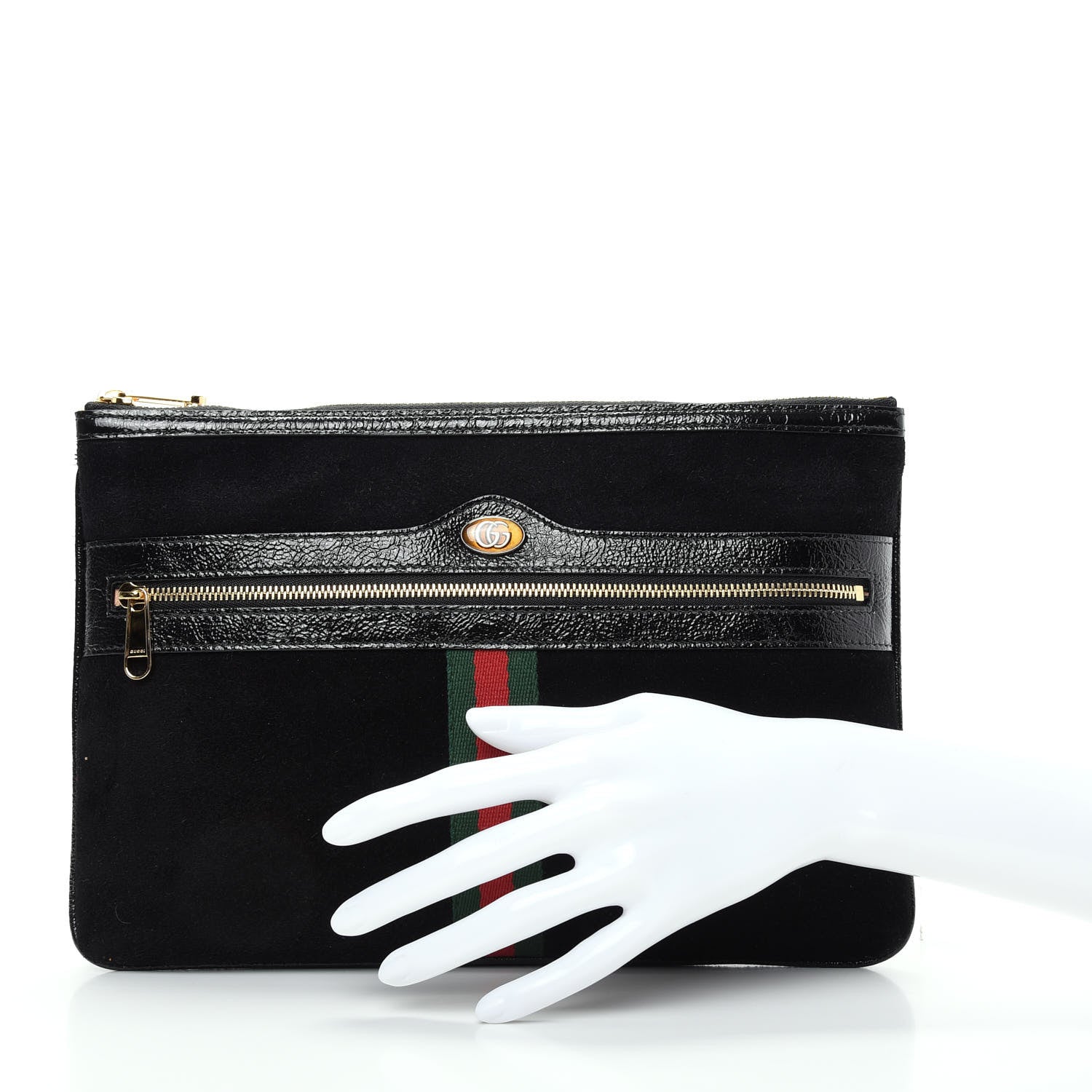 Gucci Suede Patent Large Ophidia Pouch Clutch Black 2 of 7