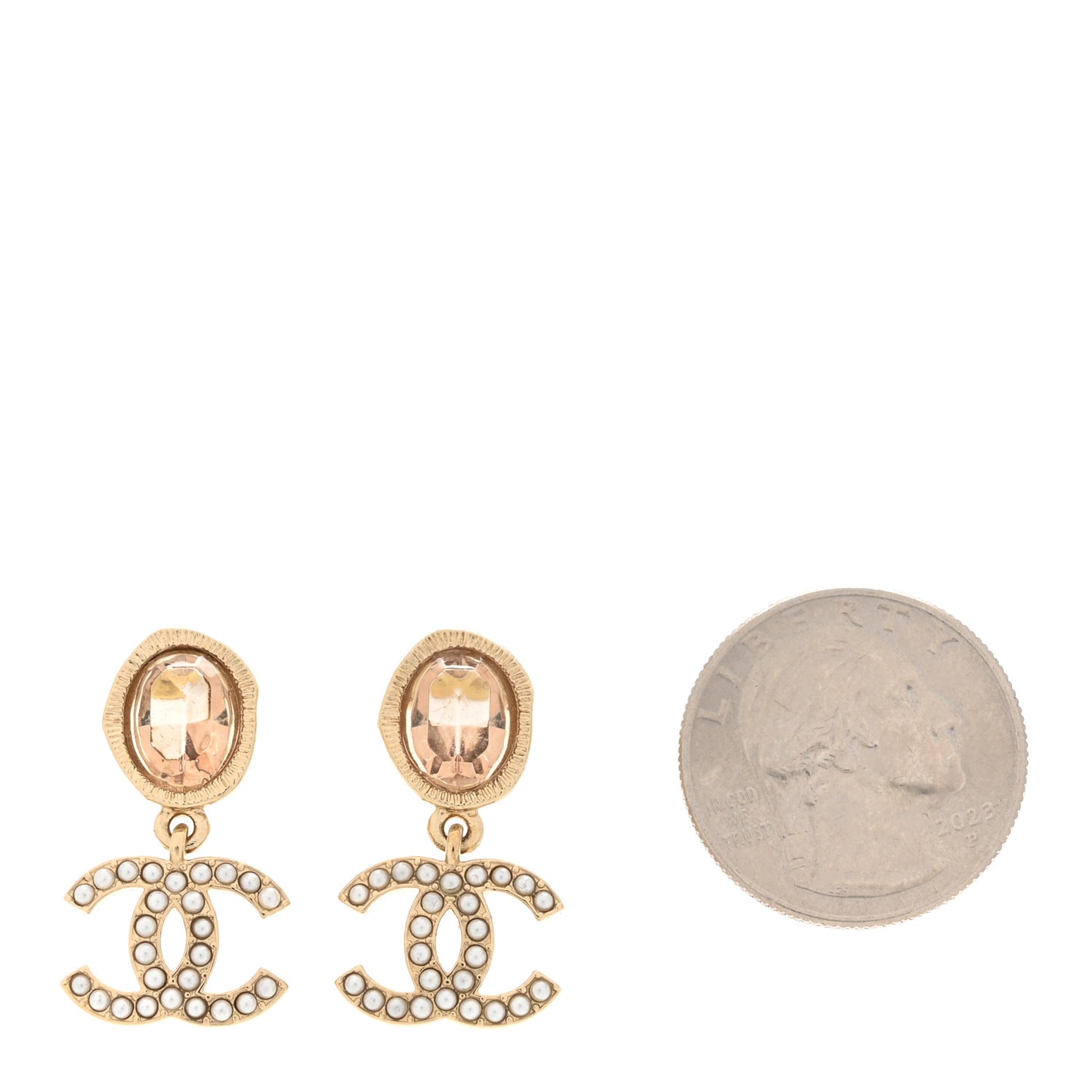 Crystal Pearl CC Drop Earrings Gold Pink