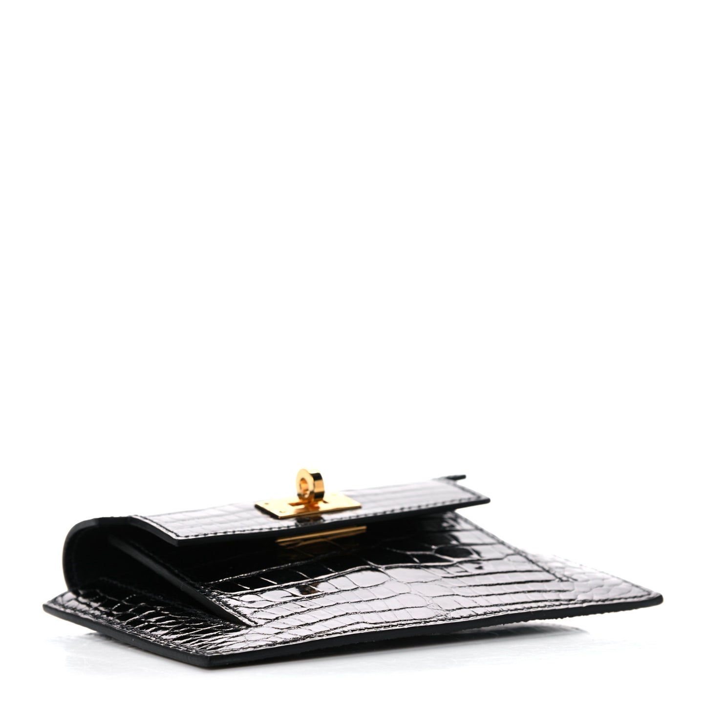 Shiny Alligator Kelly Pocket Compact Wallet Black