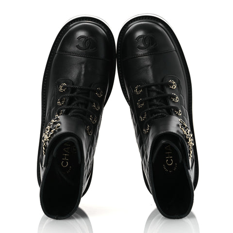 Lambskin Calfskin Quilted Lace Up Combat Boots 38 Black