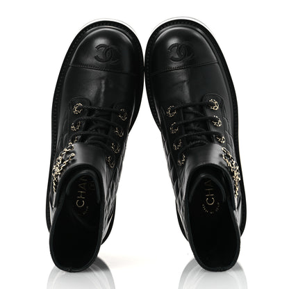 Chanel Lambskin Calfskin Quilted Lace Up Combat Boots 38 Black 2 of 10