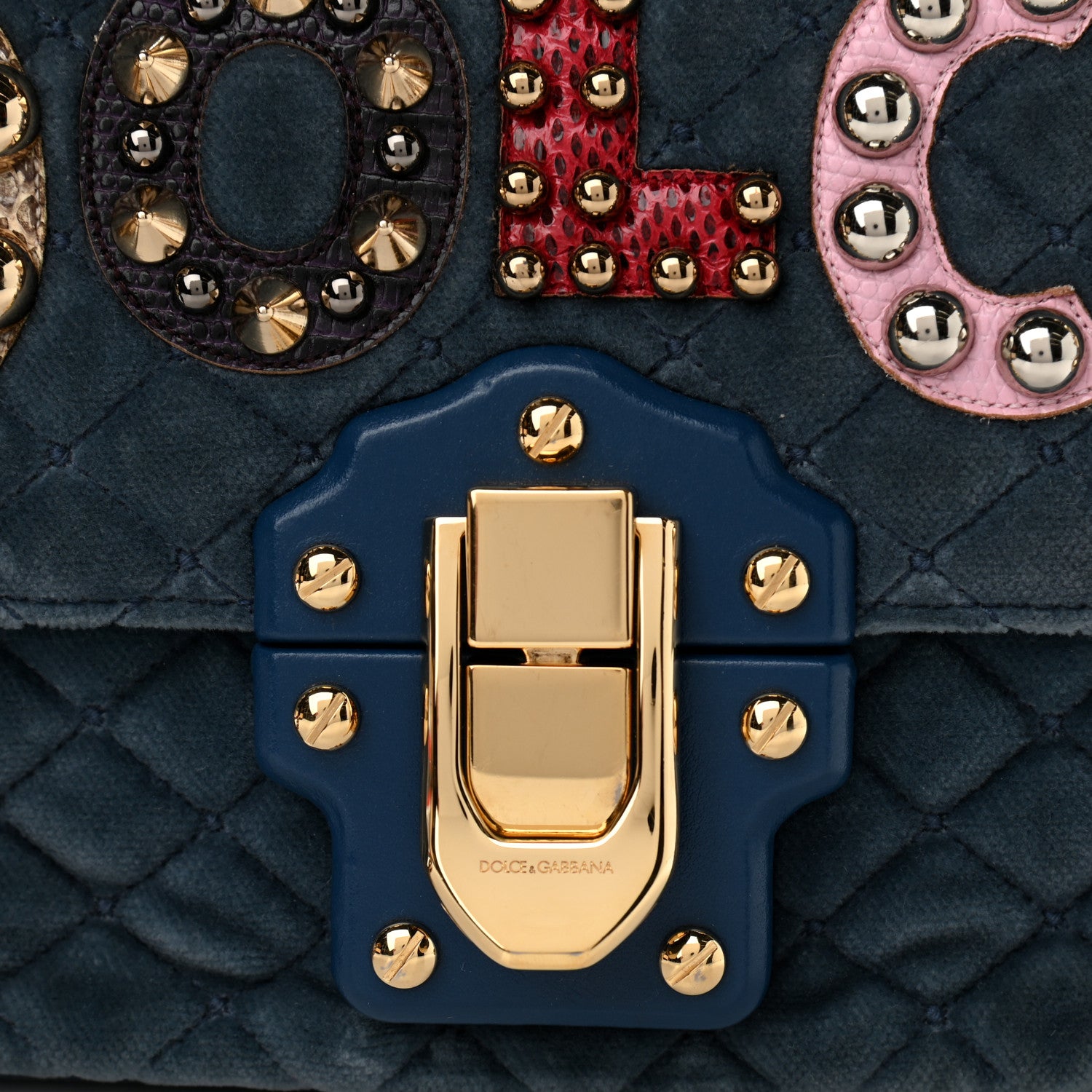 Dolce & Gabbana Velvet Watersnake Embellished Quilted Lucia Shoulder Bag Blue 9 of 11
