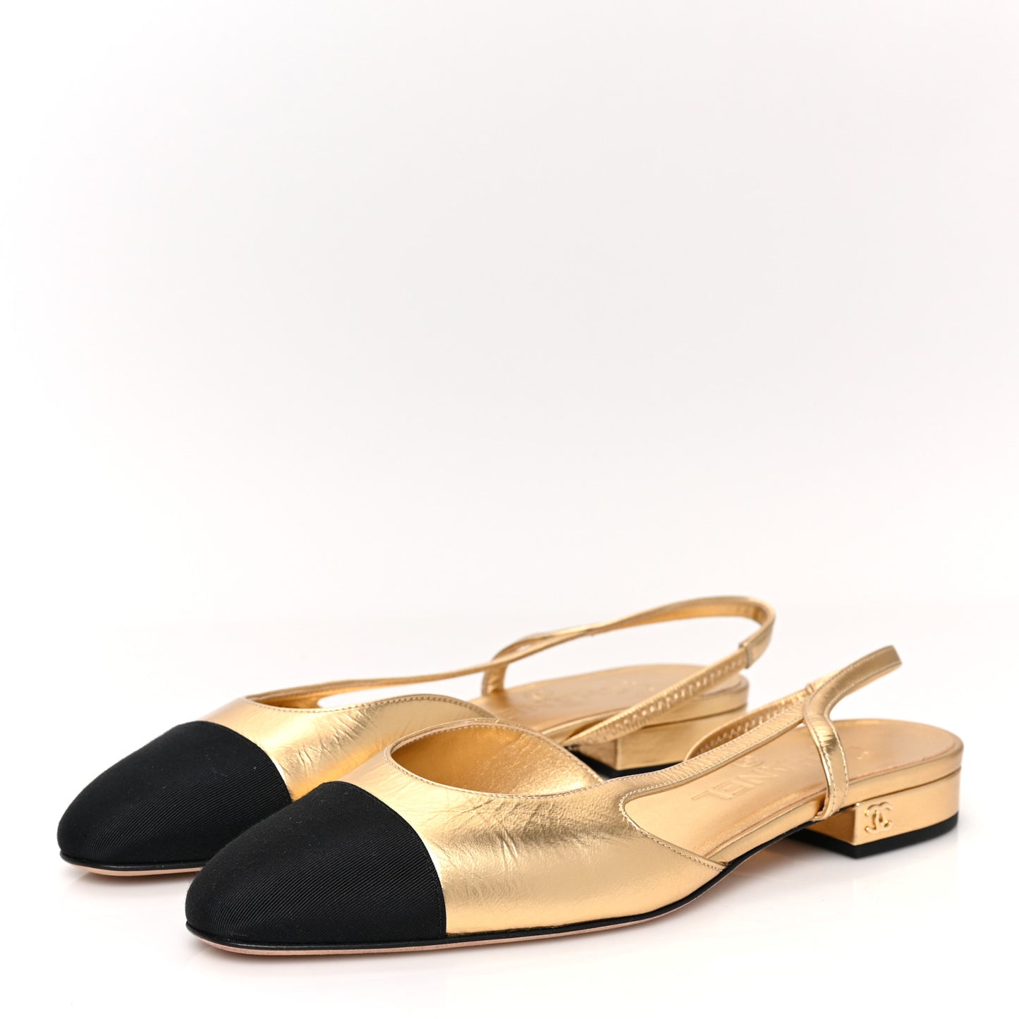 Laminated Lambskin Grosgrain Cap Toe CC Slingback Flats 36.5 Gold Black