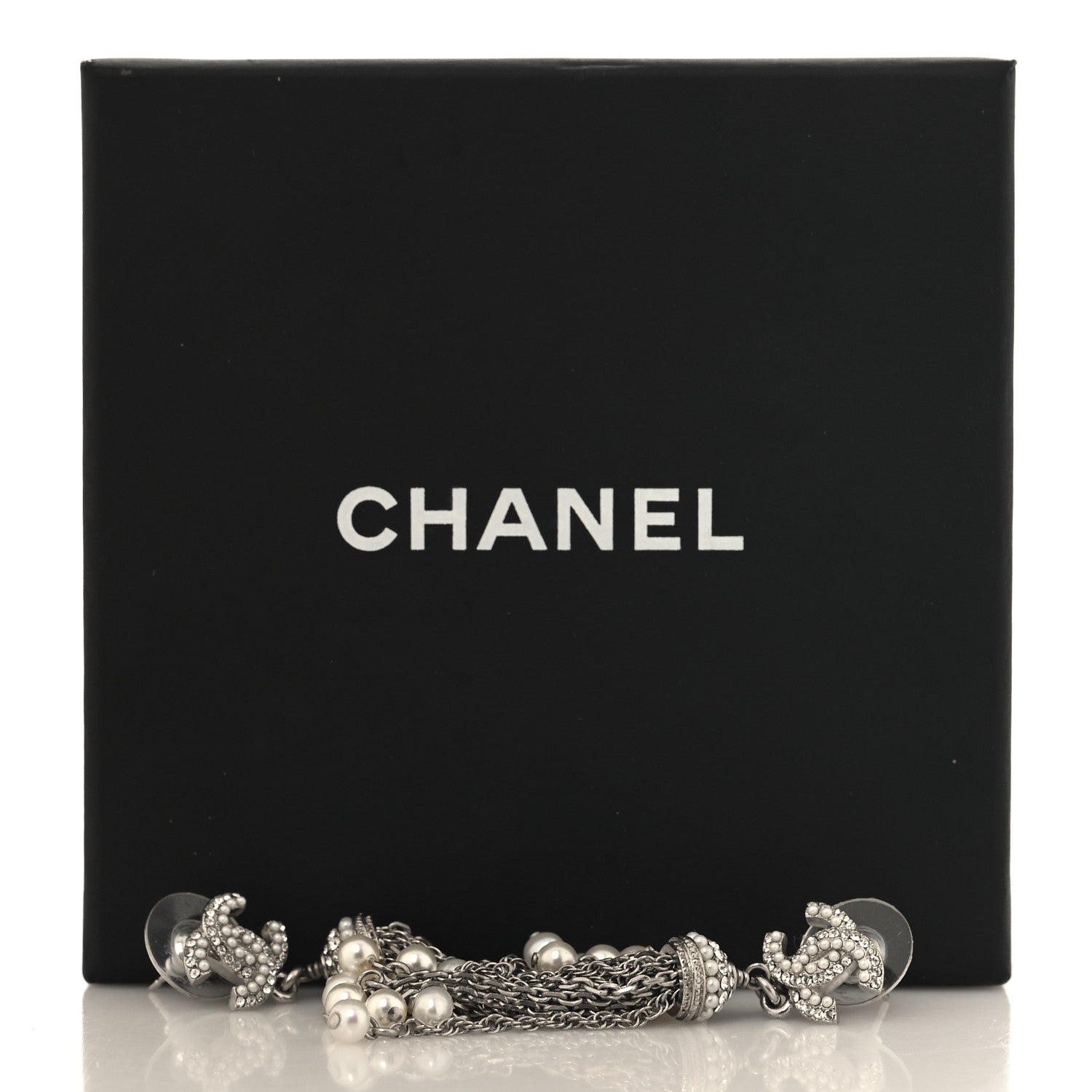 Chanel Pearl Crystal CC Drop Earrings Silver 5 of 5