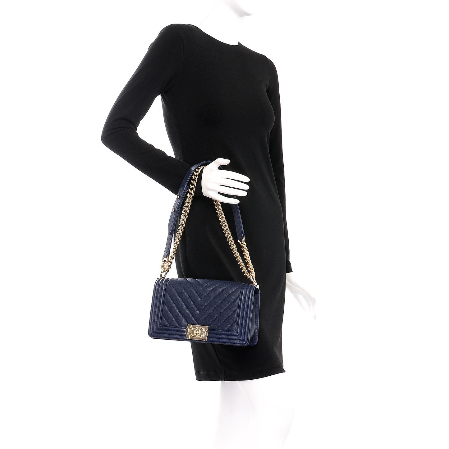 Caviar Chevron Quilted Medium Boy Flap Navy