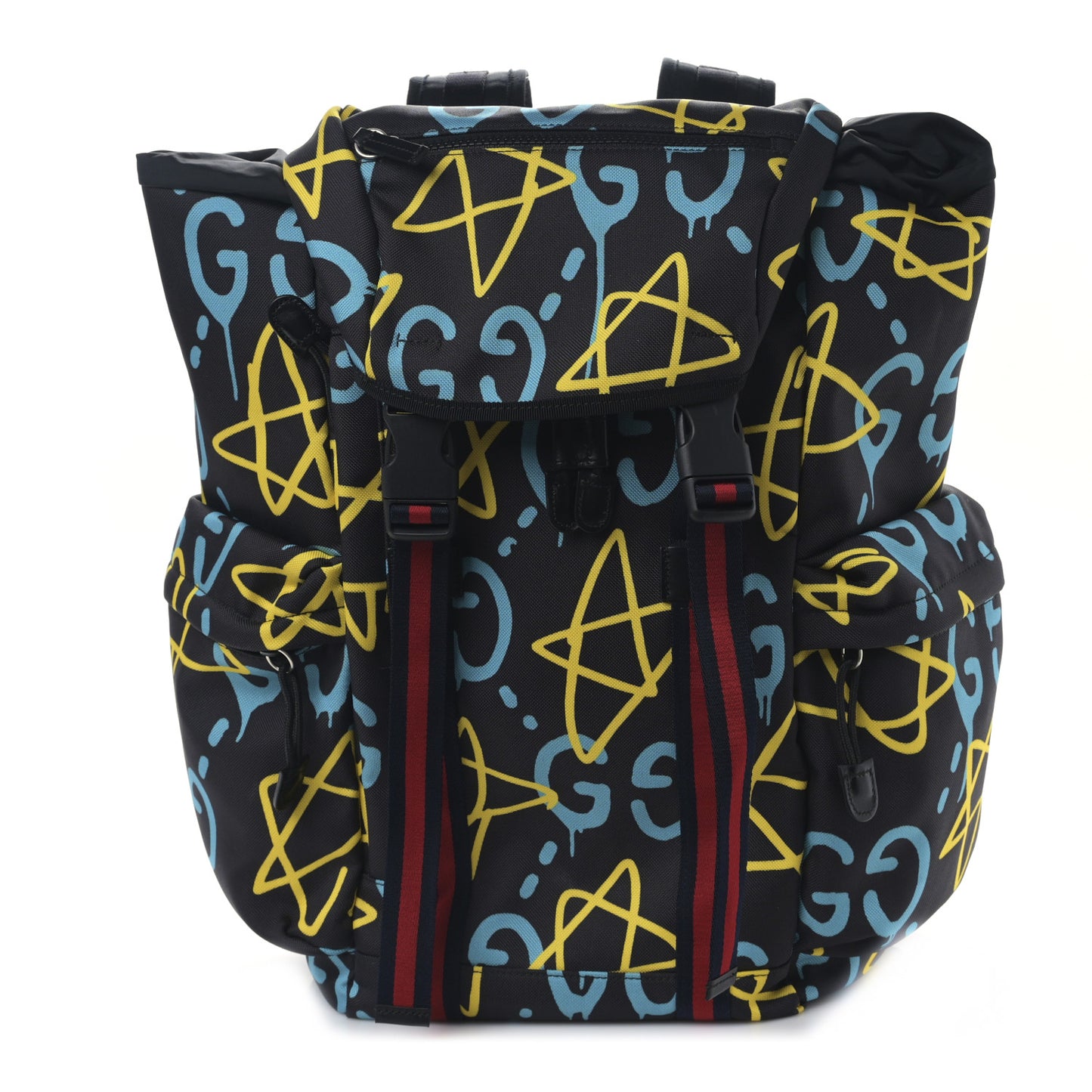 Techno Canvas GucciGhost Double Buckle Backpack Black New Acquamarine