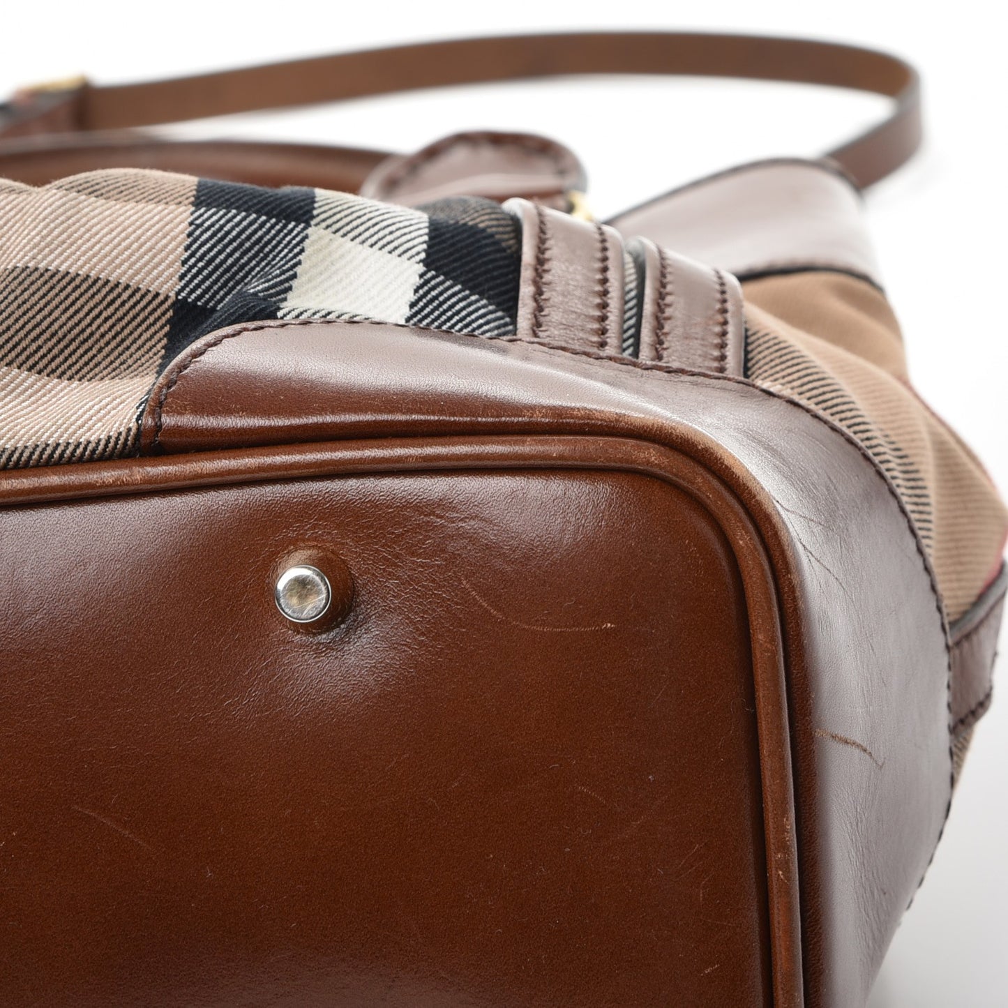 House Check Bridle Calfskin Small Whipstitch Tote Dark Tan