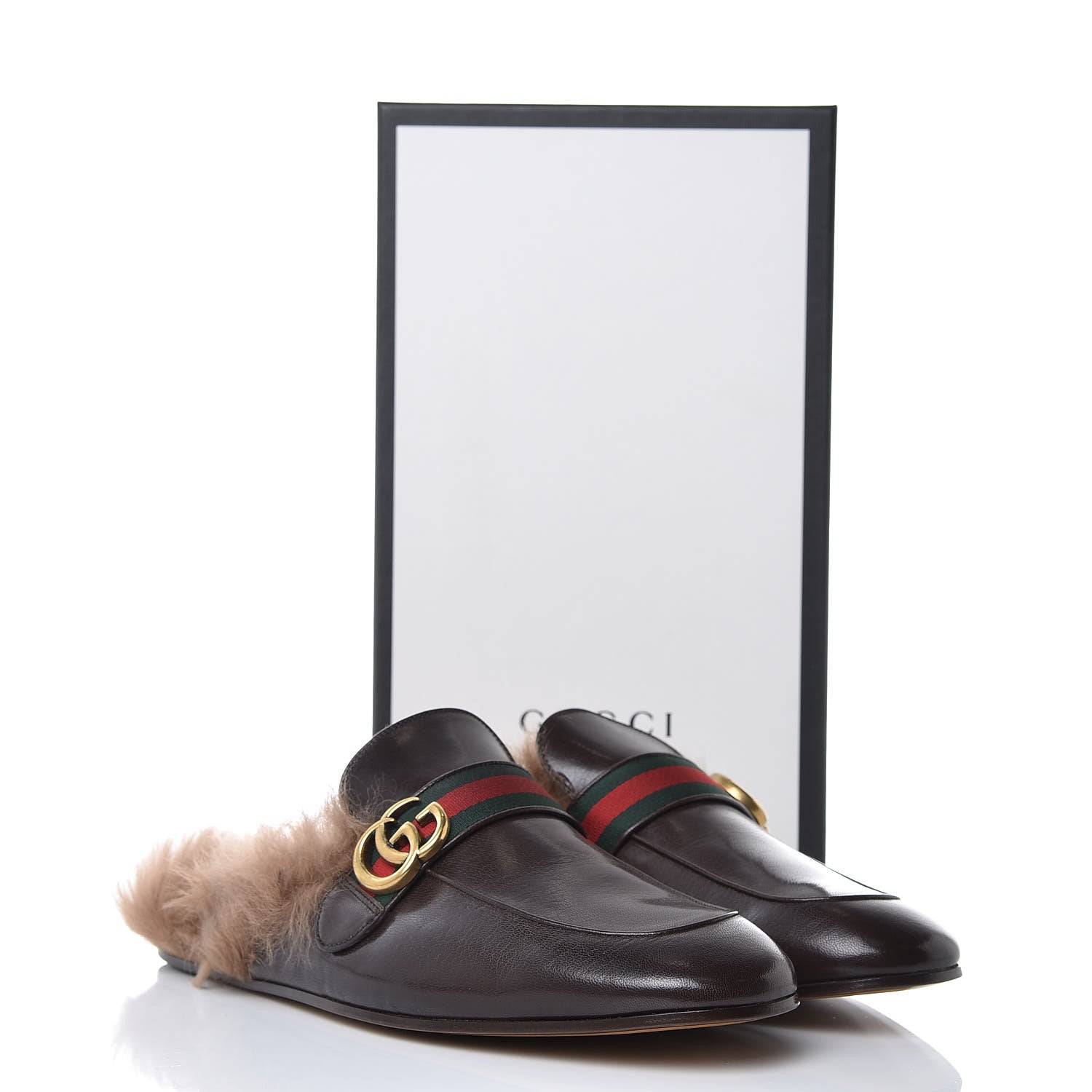 Gucci Goatskin Fur Web GG Mens Princetown Slippers 11 Cocoa 8 of 8