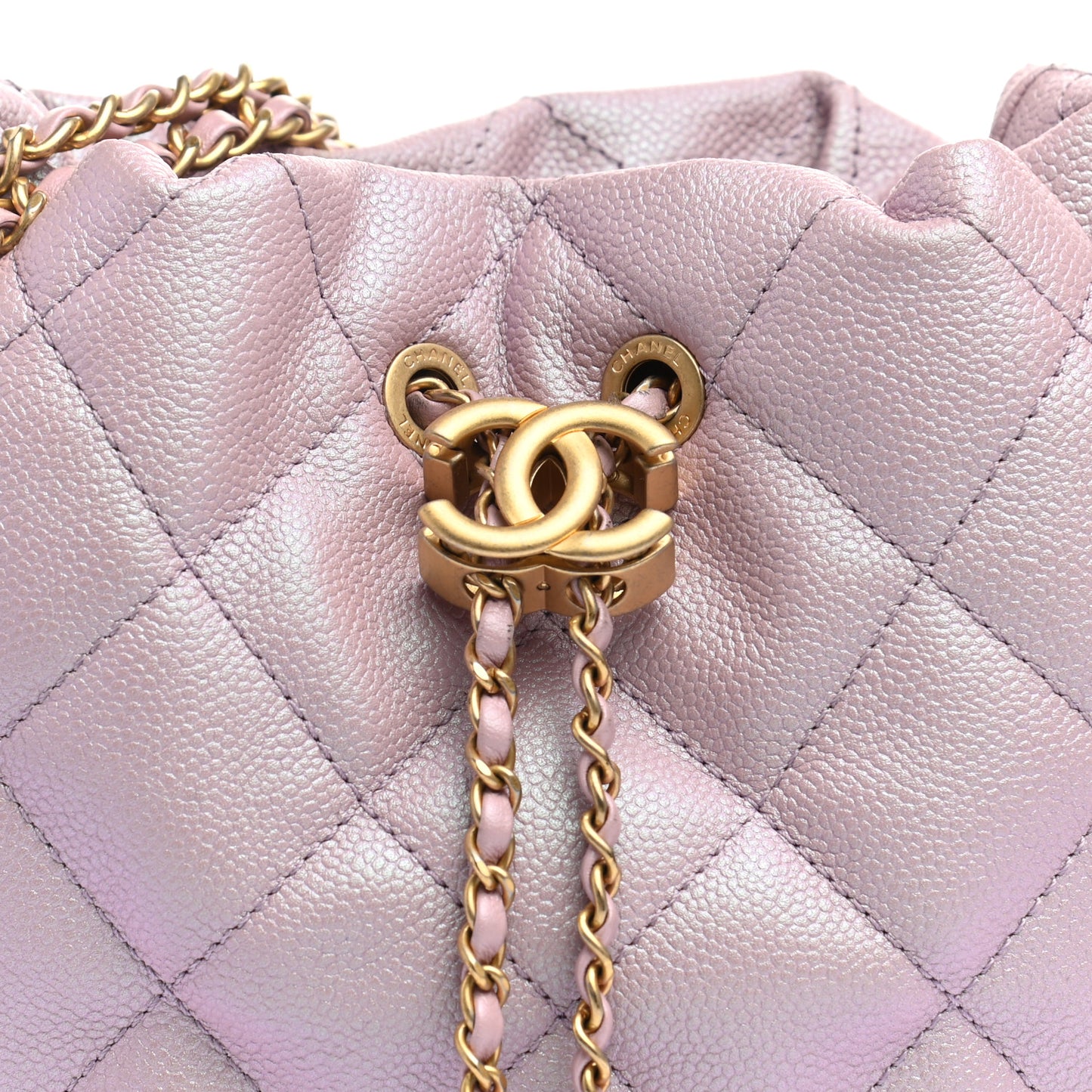 Iridescent Caviar Quilted My Perfect CC Bucket Drawstring Bag Pink