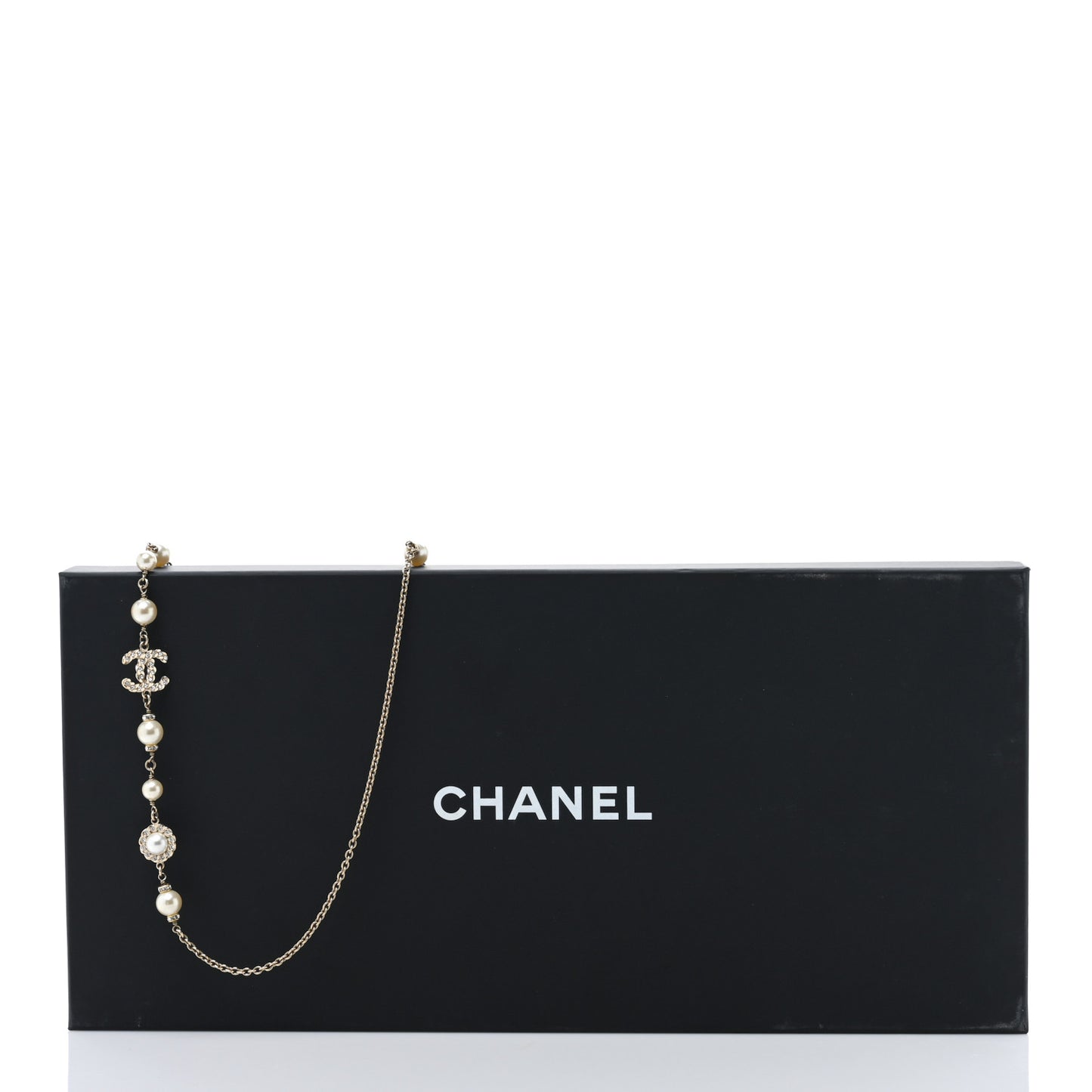 Pearl Crystal CC Long Necklace Gold