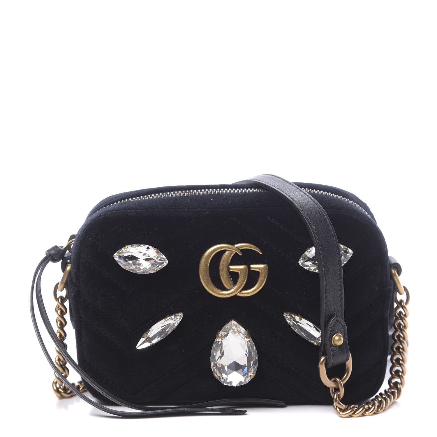 Gucci Velvet Matelasse Marquise Crystals Mini GG Marmont Chain Shoulder Bag Black 1 of 10