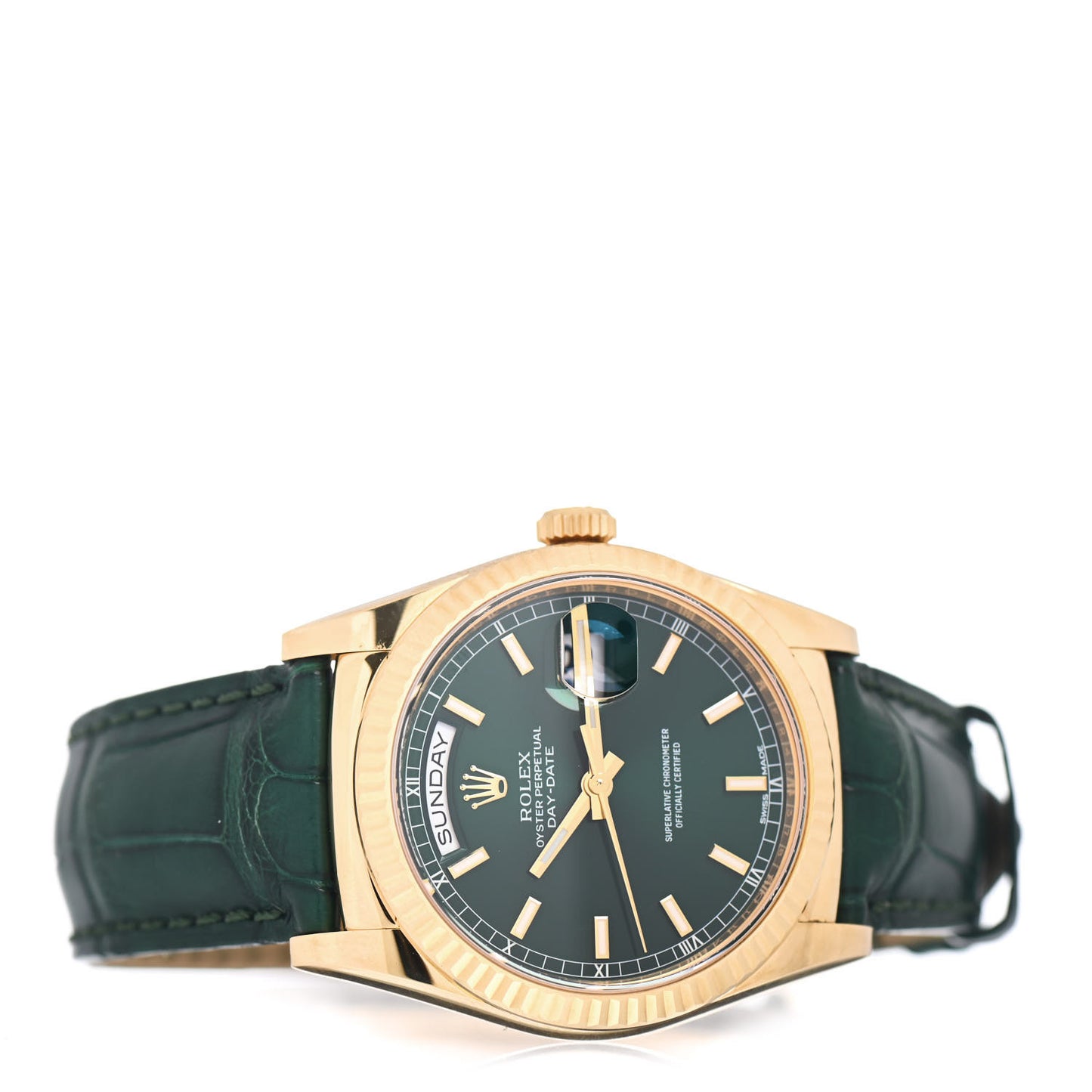 18K Yellow Gold Alligator 36mm Oyster Perpetual Day-Date Watch Green 118138