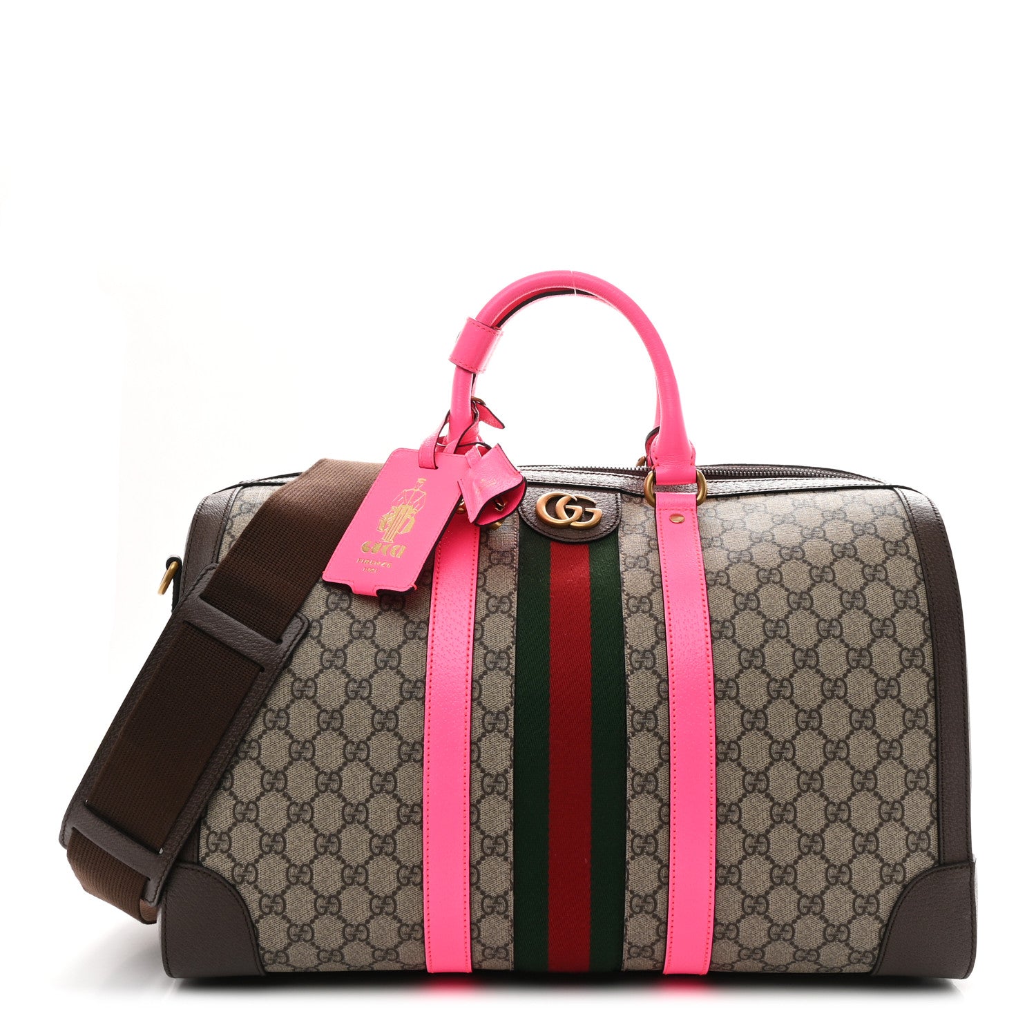Gucci GG Supreme Monogram Textured Dollar Calfskin Web Medium Savoy Duffle Bag Beige Ebony Fluorescent Fuchsia 1 of 9