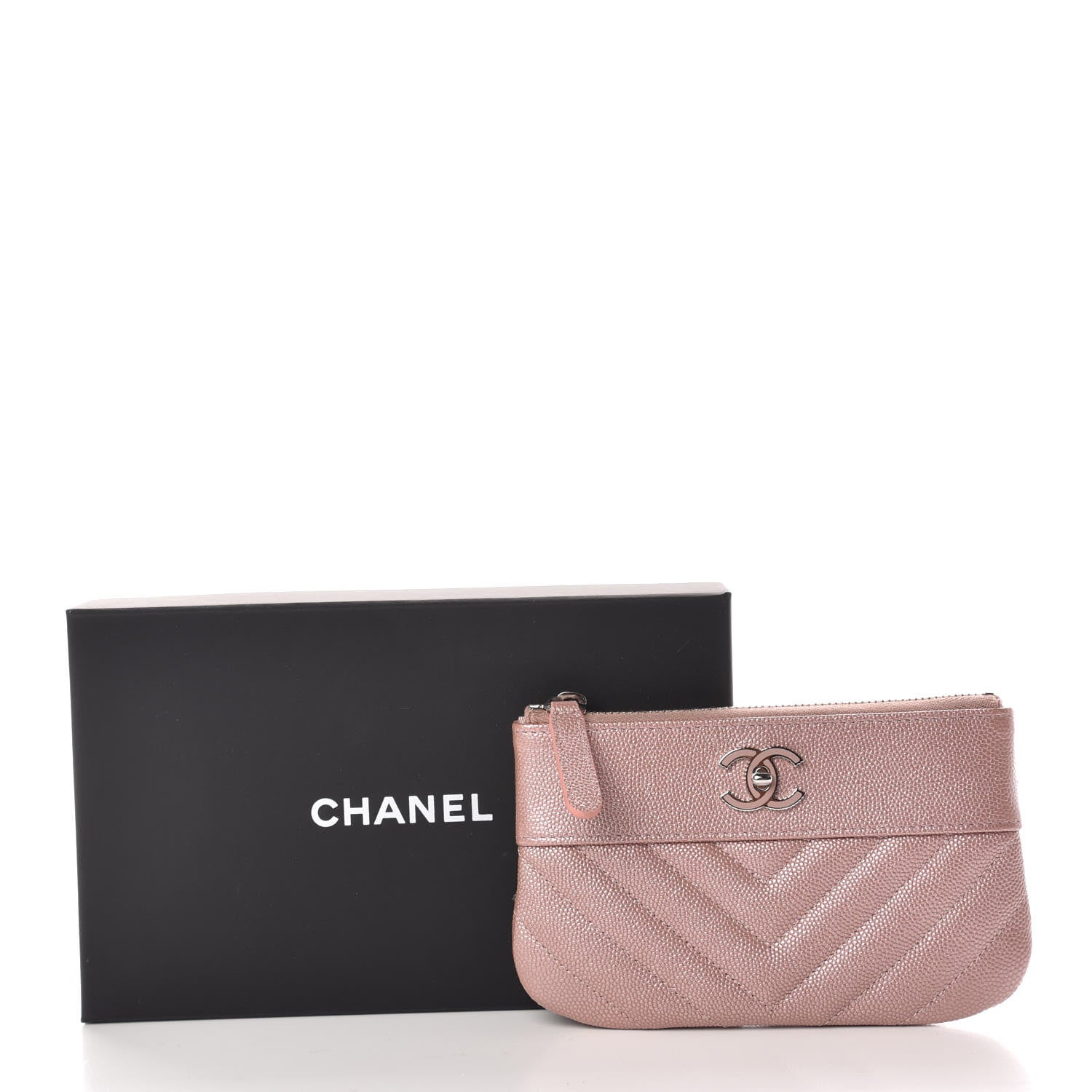 Chanel Metallic Caviar Chevron Quilted Small Vintage Mademoiselle Cosmetic Case Pink 10 of 10