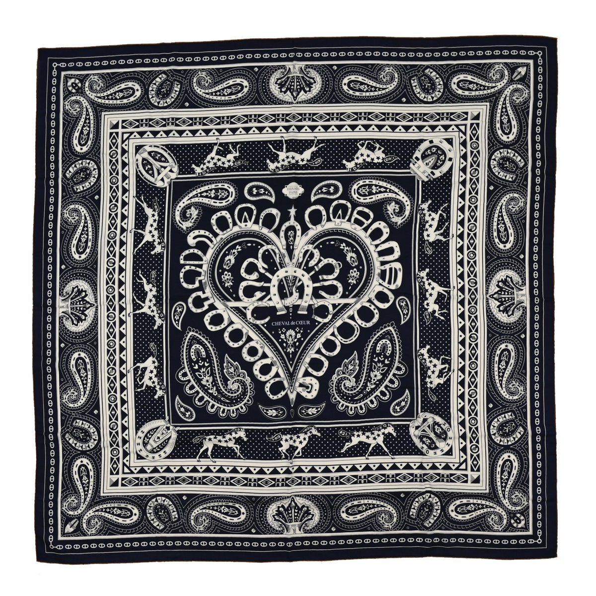 Hermes Cashmere Silk Cheval De Coeur Bandana Shawl 140 Marine White Noisette 1 of 3