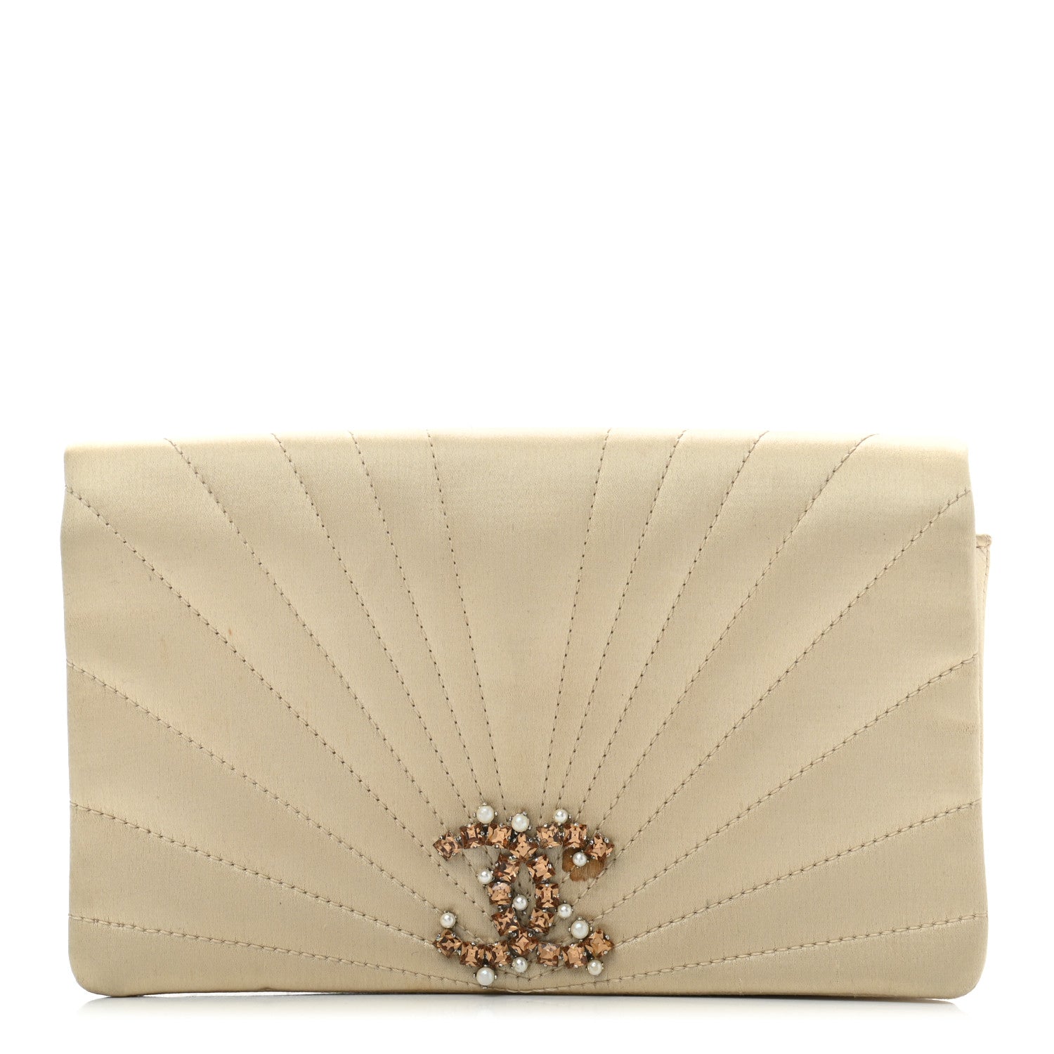 Chanel Satin Pleated Crystal CC Clutch Beige 1 of 12