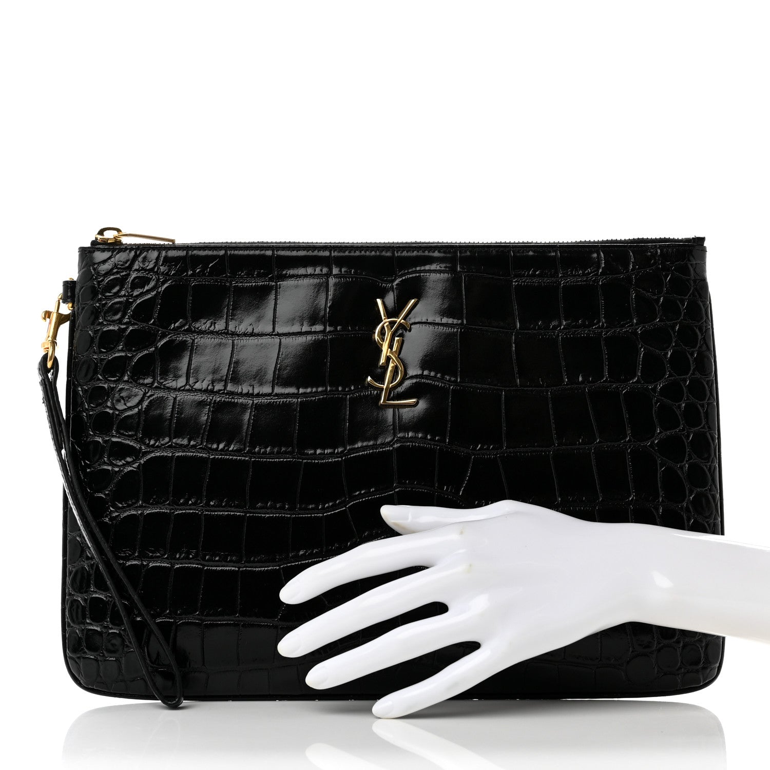 Saint Laurent Calfskin Crocodile Embossed Tablet Pouch Black 2 of 7