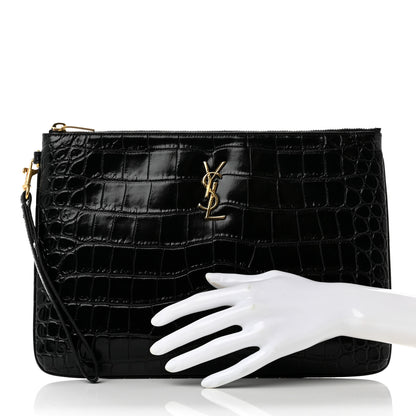 Saint Laurent Calfskin Crocodile Embossed Tablet Pouch Black 2 of 7