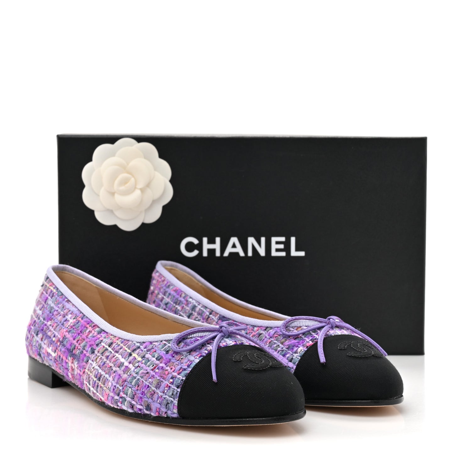 Tweed Grosgrain Cap Toe Ballerina Flats 38.5 Purple Black