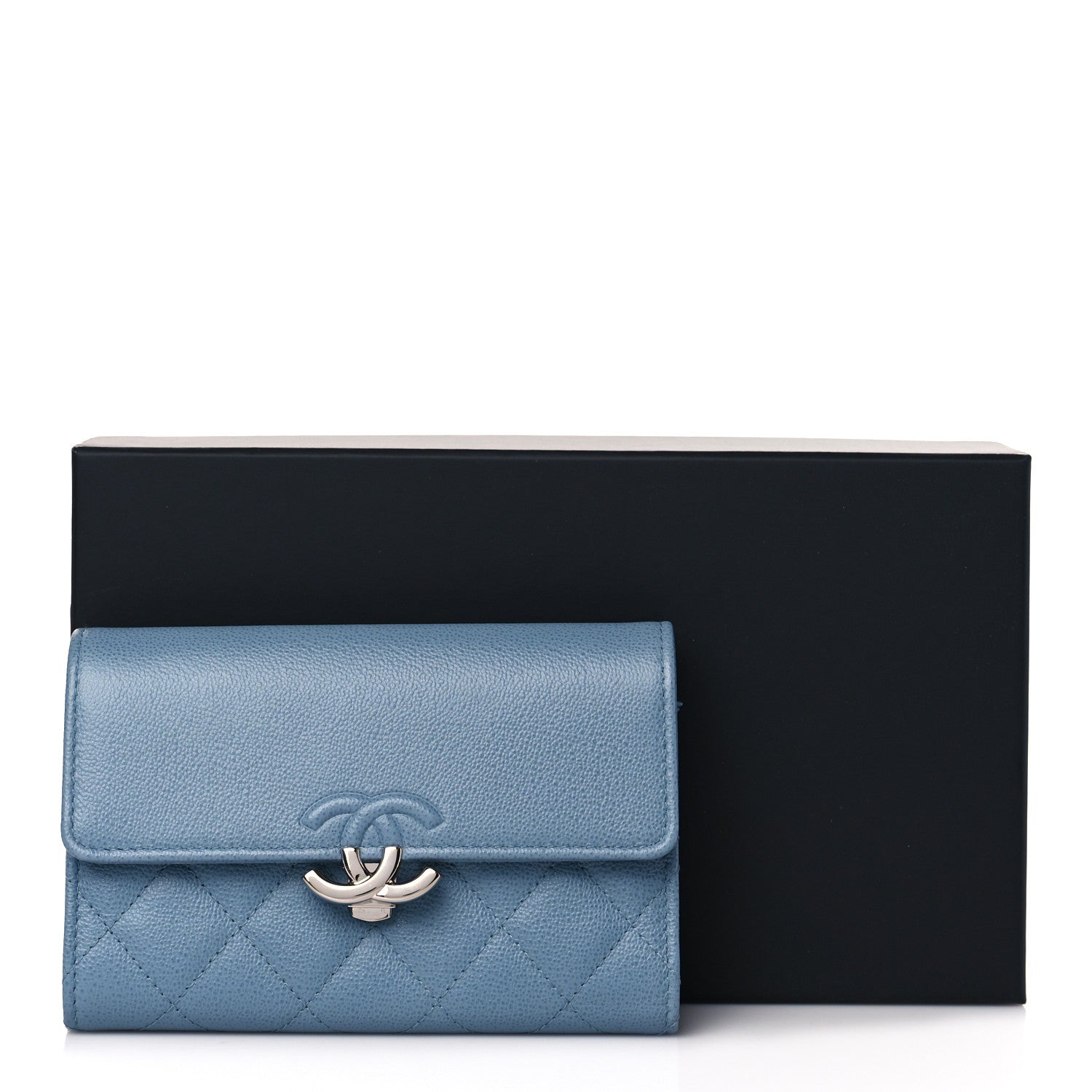 Chanel Grained Calfskin Quilted CC Box Flap Wallet Light Blue 10 of 11