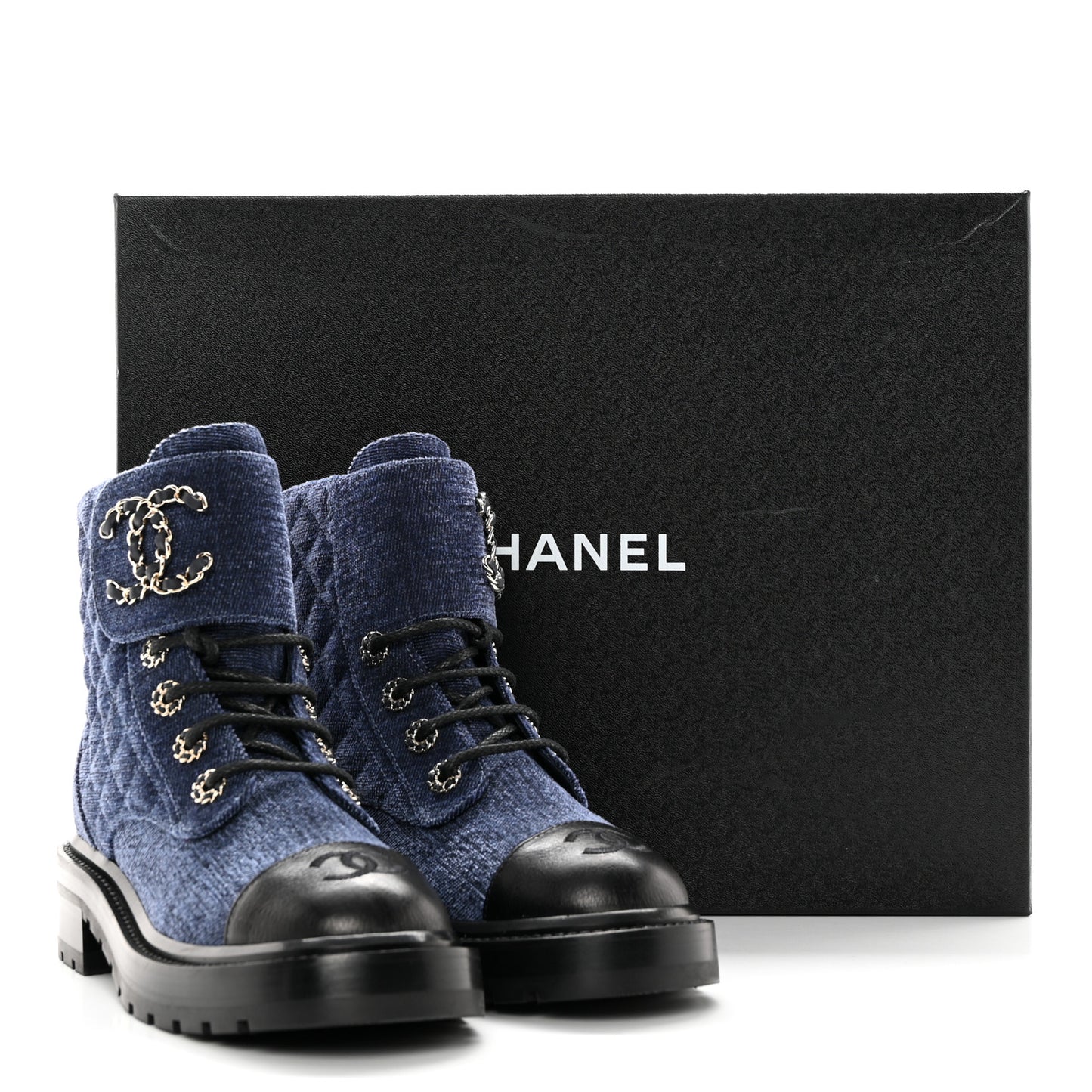 Denim Calfskin Quilted Lace Up Combat Boots 35.5 Blue