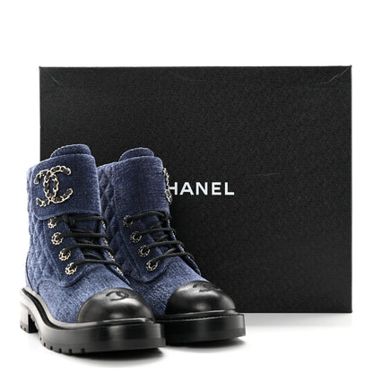 Chanel Denim Calfskin Quilted Lace Up Combat Boots 35.5 Blue 10 of 10