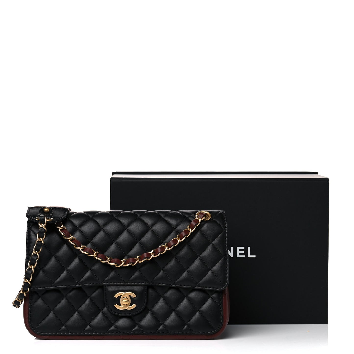 Calfskin Quilted Strap Into Flap Bag Black Brown
