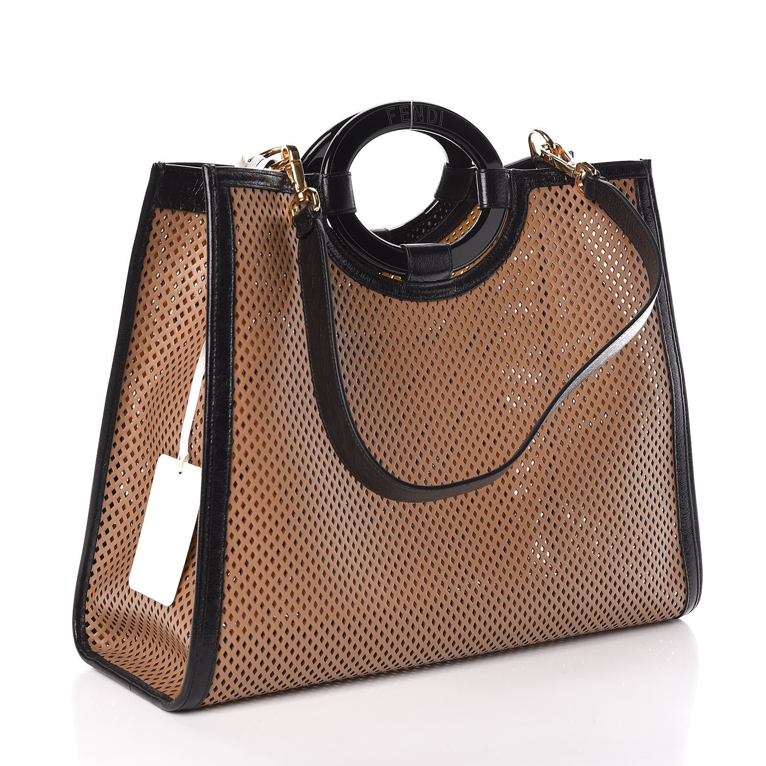 Fendi Vitello Liberty Glossy Lambskin Perforated Medium Runaway Shopper Tote Sand Mimosa Black 3 of 9
