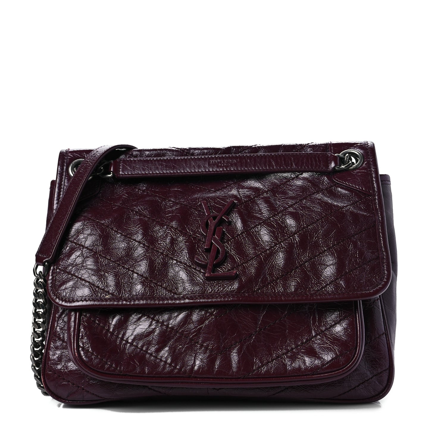Crinkled Calfskin Matelasse Monogram Medium Niki Chain Satchel Burgundy