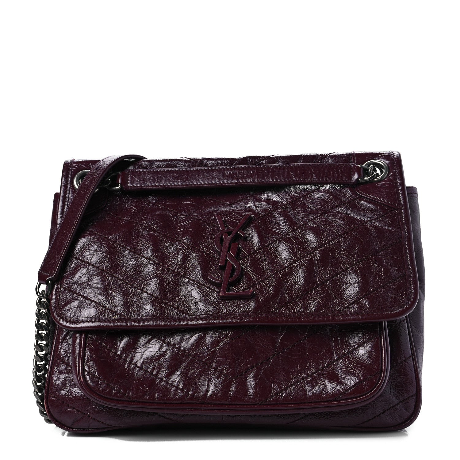 Saint Laurent Crinkled Calfskin Matelasse Monogram Medium Niki Chain Satchel Burgundy 1 of 8
