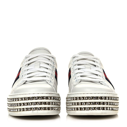 Gucci Calfskin Crystal Web Bee Embroidered Womens Ace Platform Sneakers 36 White 2 of 8