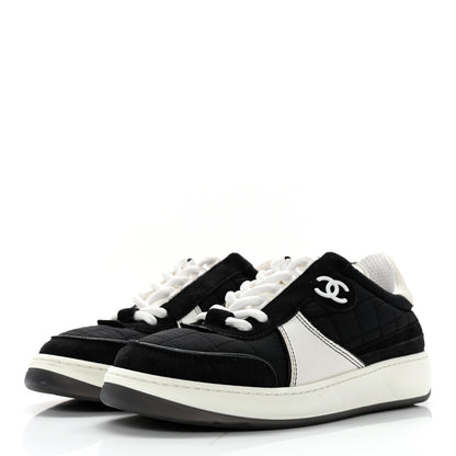 Chanel Suede Fabric Calfskin Womens CC Sneakers 35.5 Black White 3 of 12
