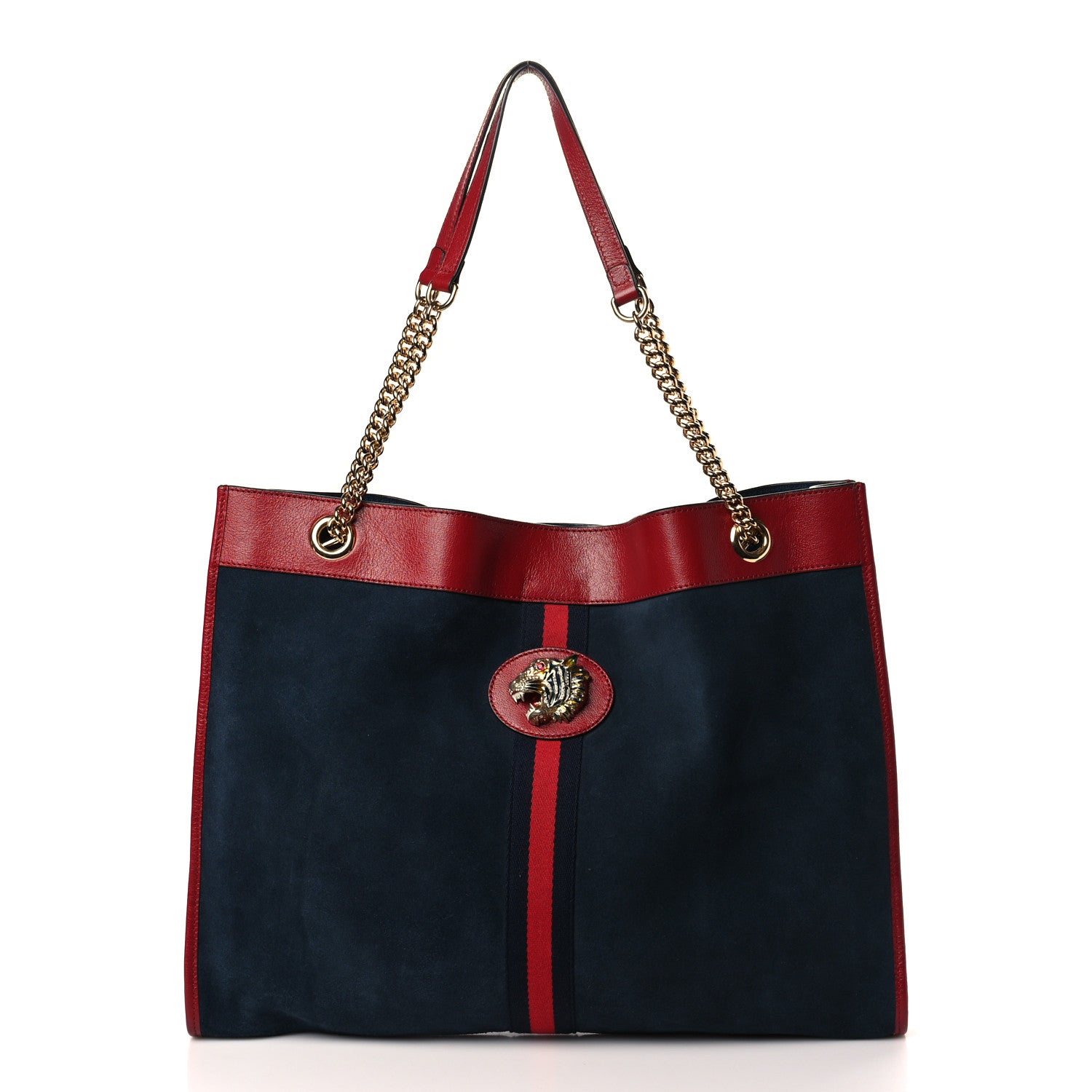 Gucci Suede Calfskin Large Rajah Chain Tote New Blue Romantic Cherry 3 of 10