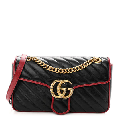 Gucci Vintage Effect Calfskin Matelasse Diagonal Small Torchon GG Marmont Shoulder Bag Black Romantic Cherry 1 of 10