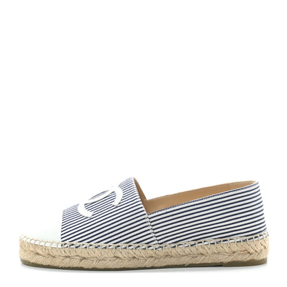 Chanel Canvas Striped Patent CC Espadrilles 37 Ivory Navy White 1 of 8