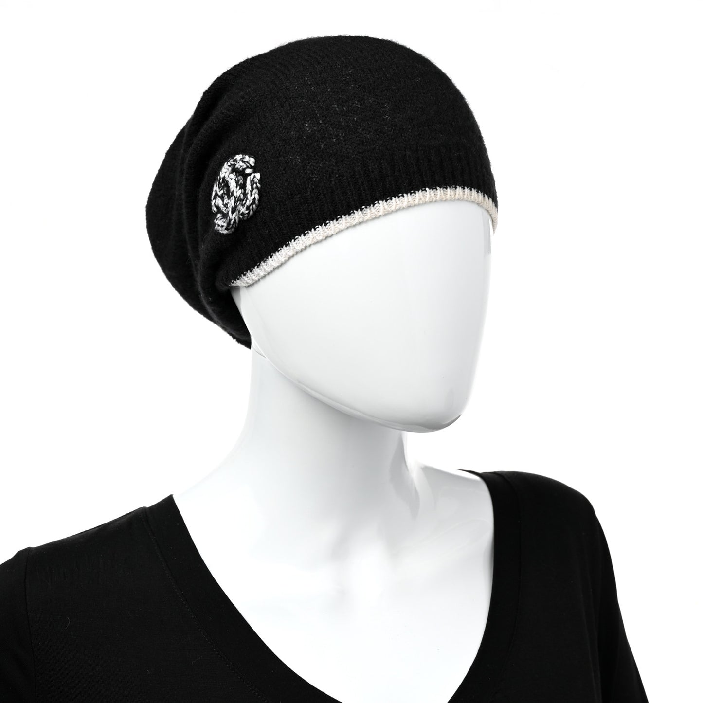 Cashmere Silk CC Beanie Hat Black White