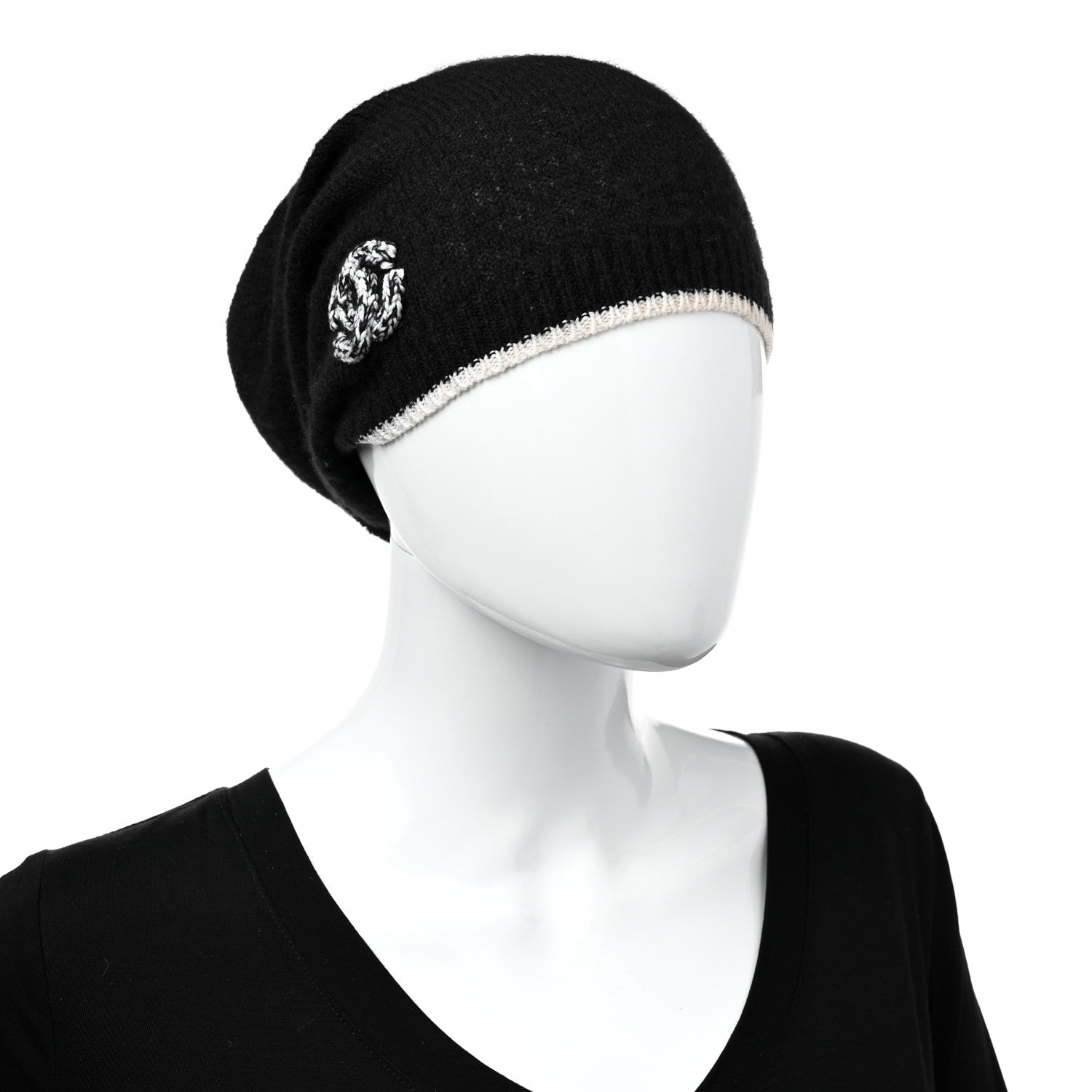 Chanel Cashmere Silk CC Beanie Hat Black White 2 of 6