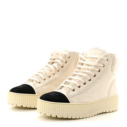 Chanel Kid Suede Shearling Sheepskin Lace Up Boots 38 Ivory White Black 3 of 8