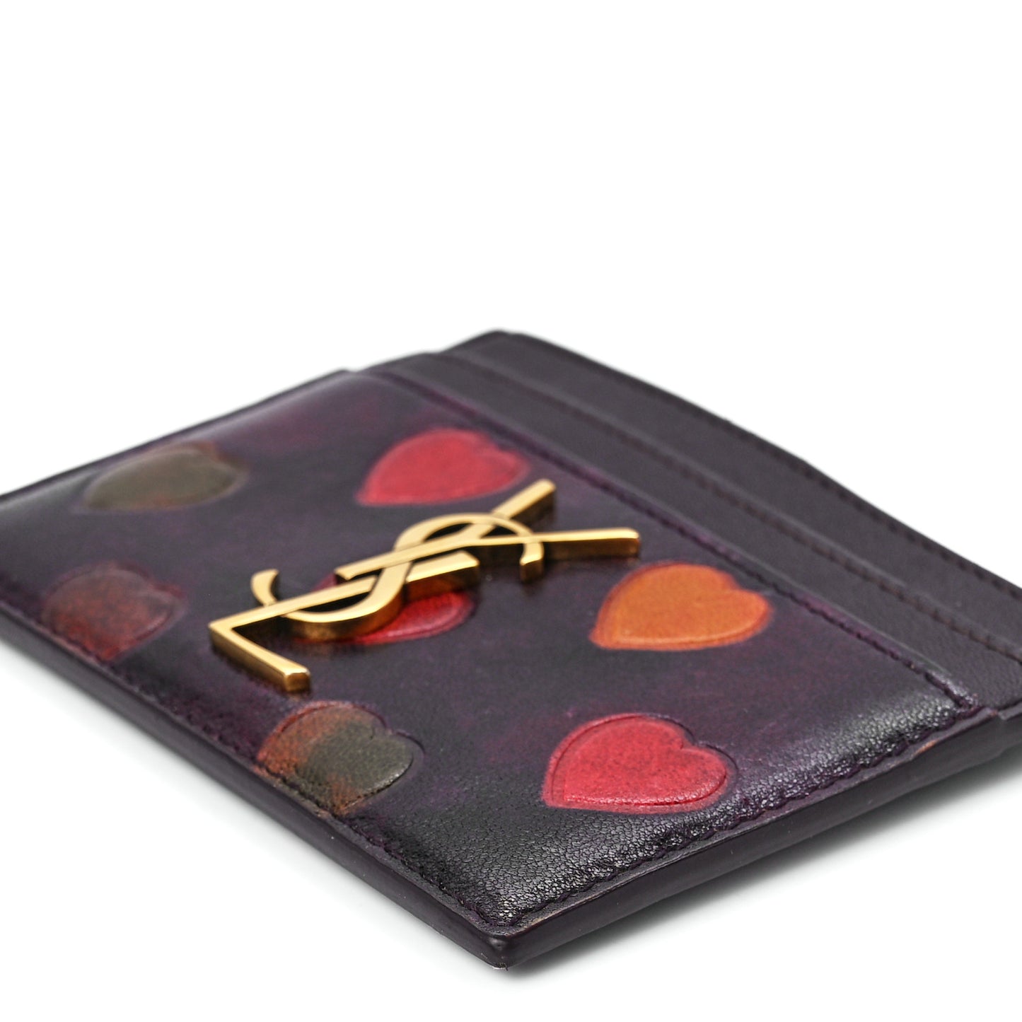 Lambskin Heart Embossed Monogram Card Case Vintage Cognac