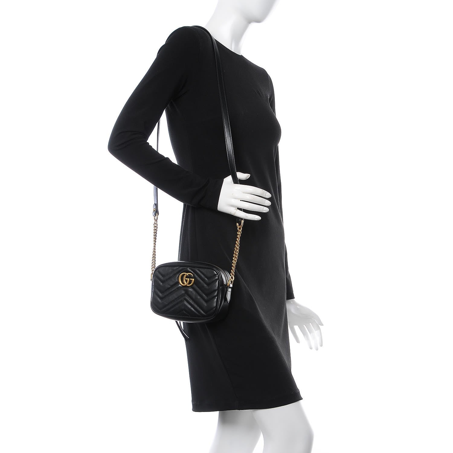 Gucci Calfskin Matelasse Mini GG Marmont Chain Shoulder Bag Black 2 of 8