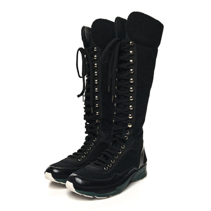 Chanel Tweed Patent Calfskin Sneaker High Boots 38.5 Black 3 of 8