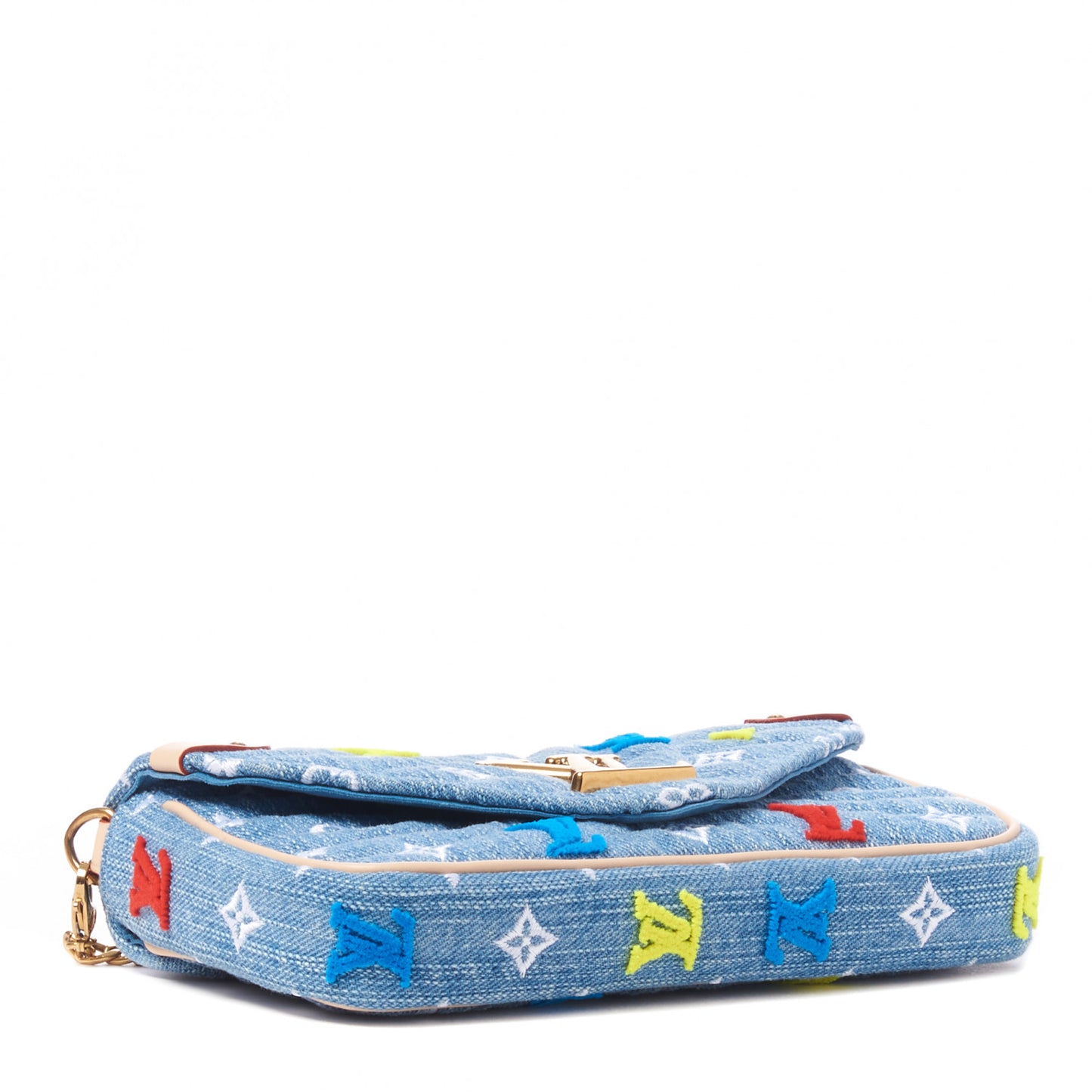 Embroidered Monogram Denim New Wave Chain Pochette Blue