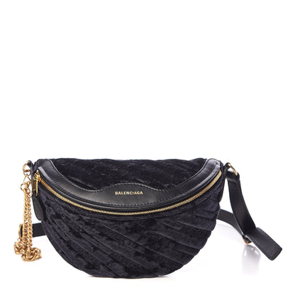 Balenciaga Crushed Velvet Logo Embossed XXS Souvenir Belt Bag Black 1 of 10