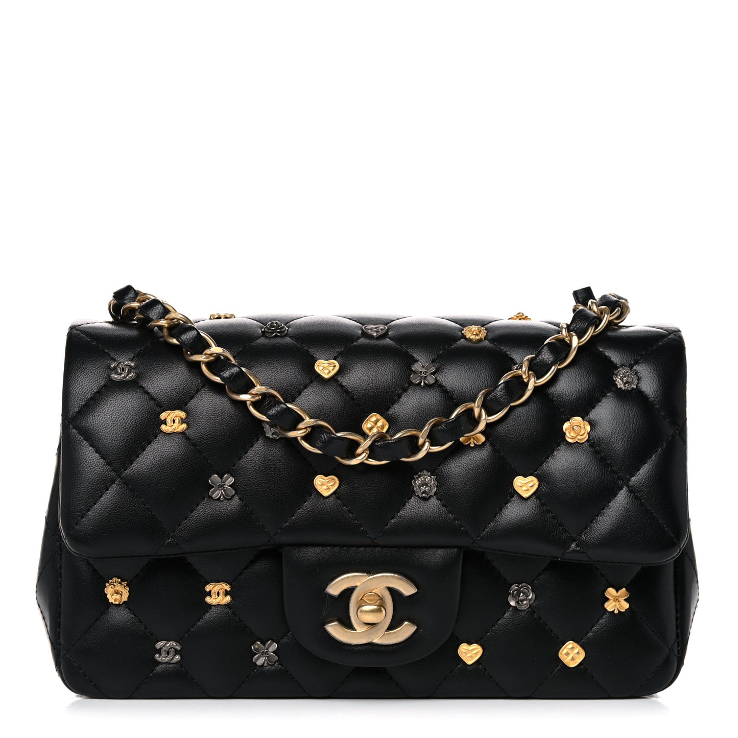 Lambskin Quilted Studded Mini Rectangular Flap Black