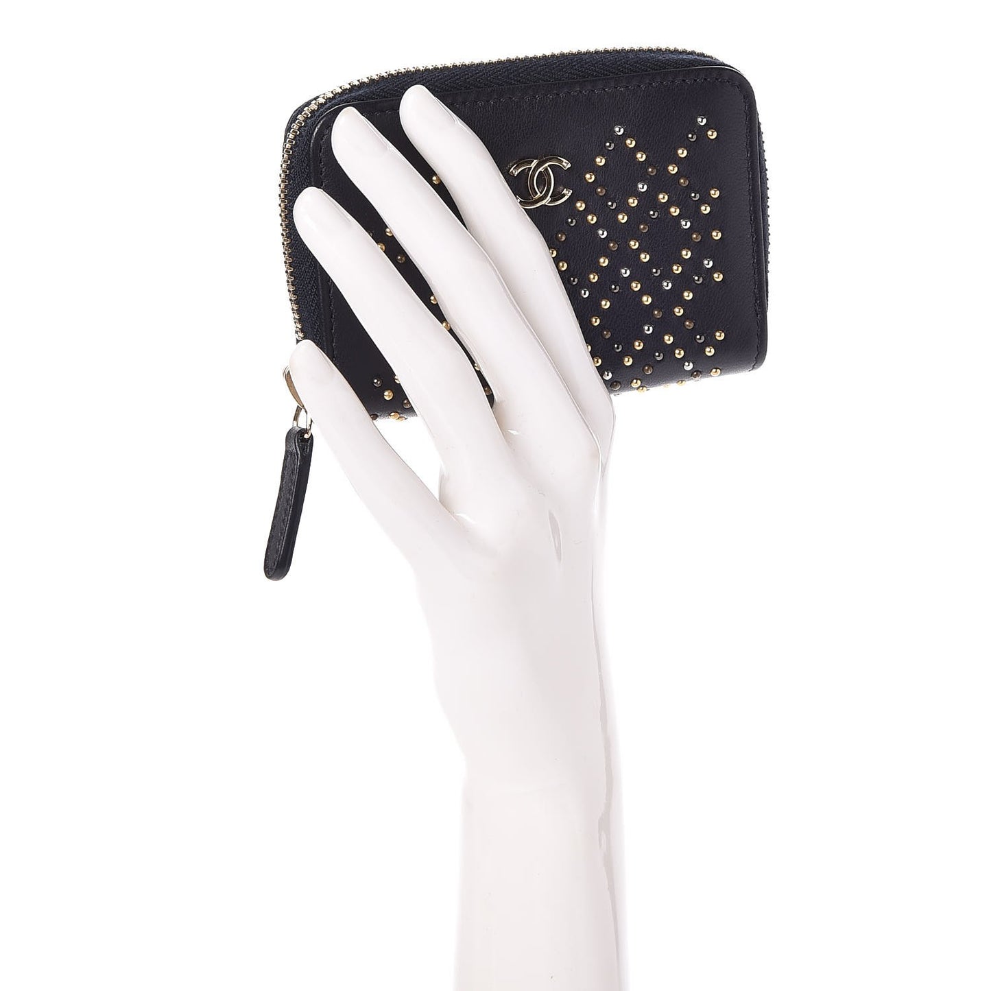 Lambskin Studded Zip Around Coin Purse Wallet Dark Navy