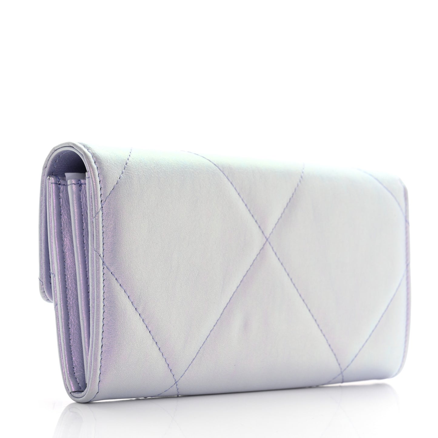 Iridescent Calfskin Quilted Chanel 19 Flap Wallet Light Purple