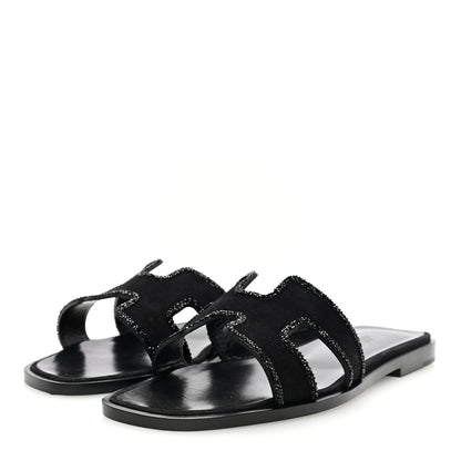 Hermes Suede Goatskin Crystal Embellished Oran Sandals 35 Black 2 of 7